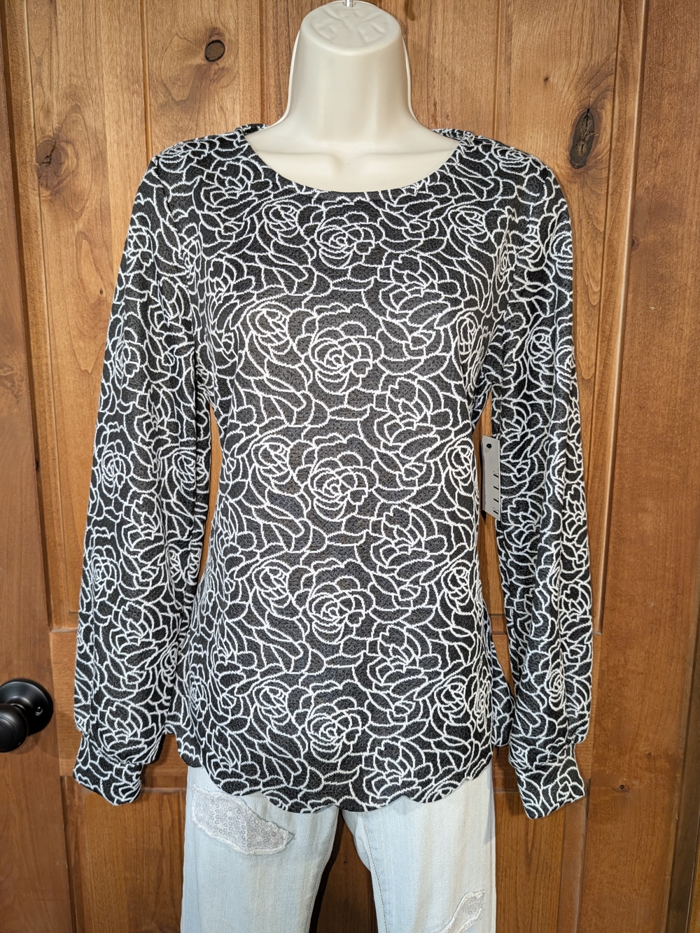Elle Black Long Sleeve Top with White Floral Lace-Effect
